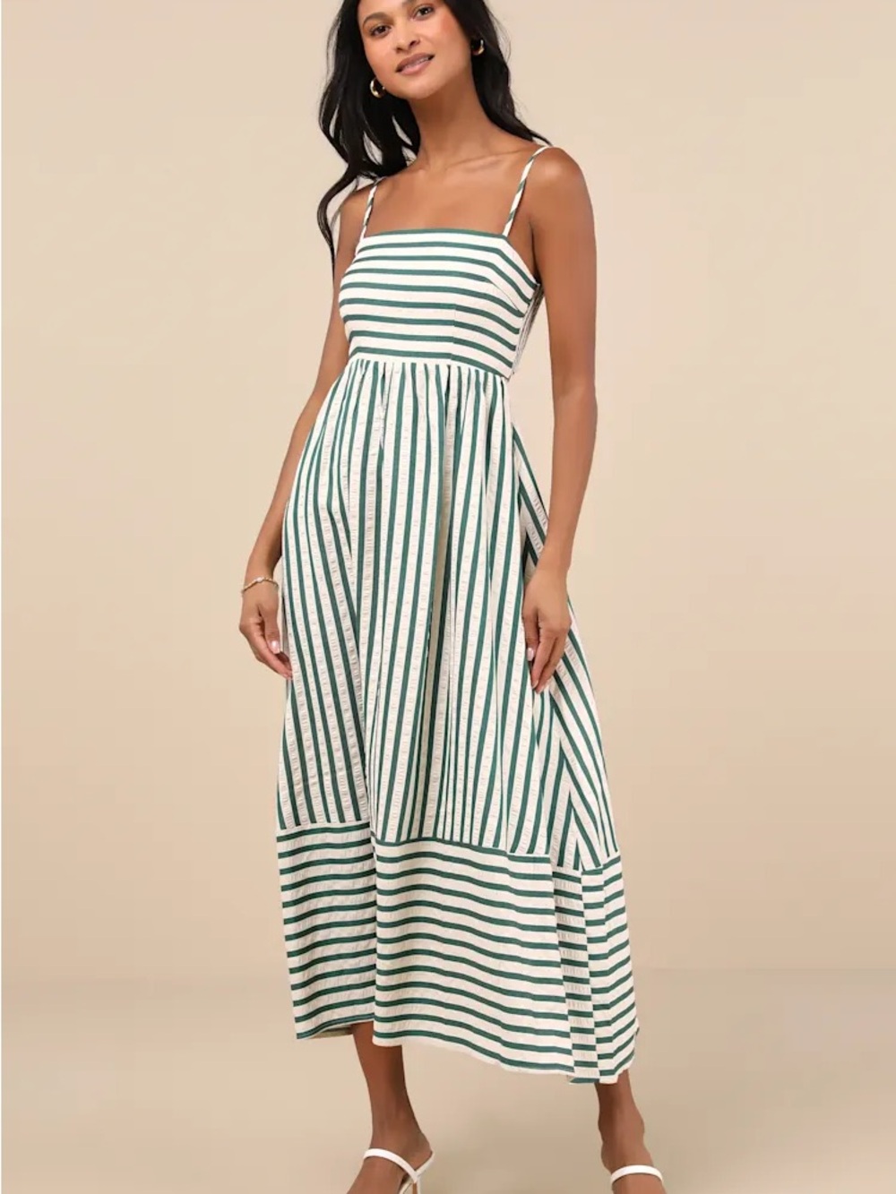 Lulu’s Exceptionally Pristine Green and Cream Striped Cutout Maxi Dress - Size M